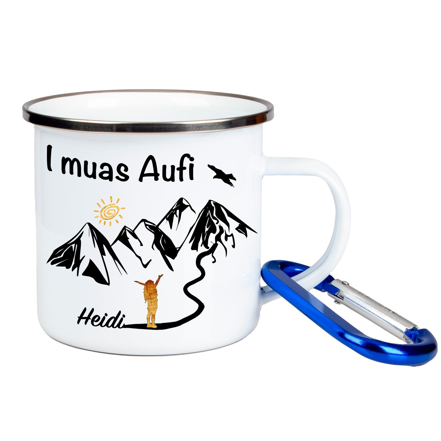 DekoAlm24 Tasse - I muas Aufi - personalisiert - Emaille (Silber)
