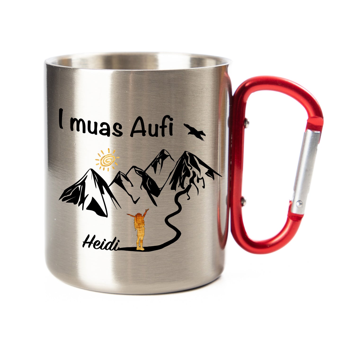 DekoAlm24 Tasse - I muas Aufi - personalisiert - Edelstahl mit Karabiner