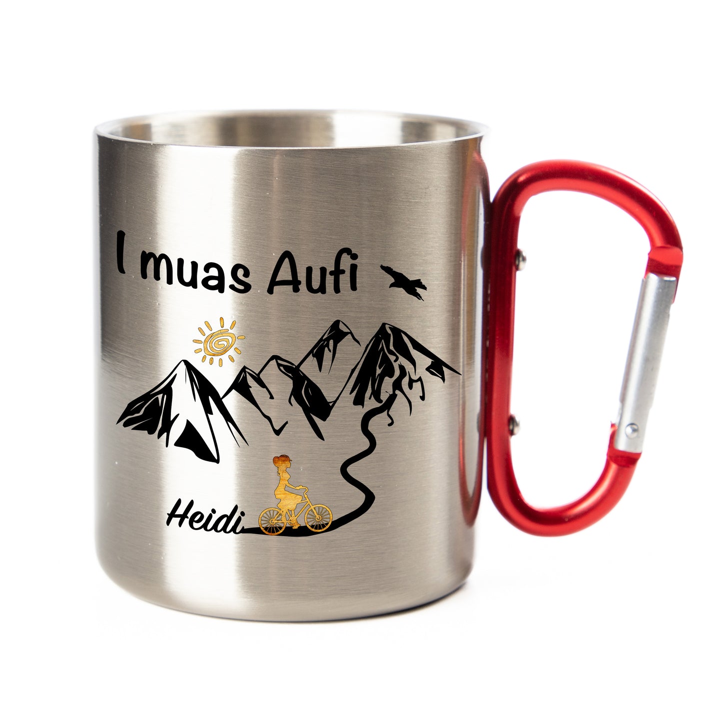 DekoAlm24 Tasse - I muas Aufi - personalisiert - Edelstahl mit Karabiner