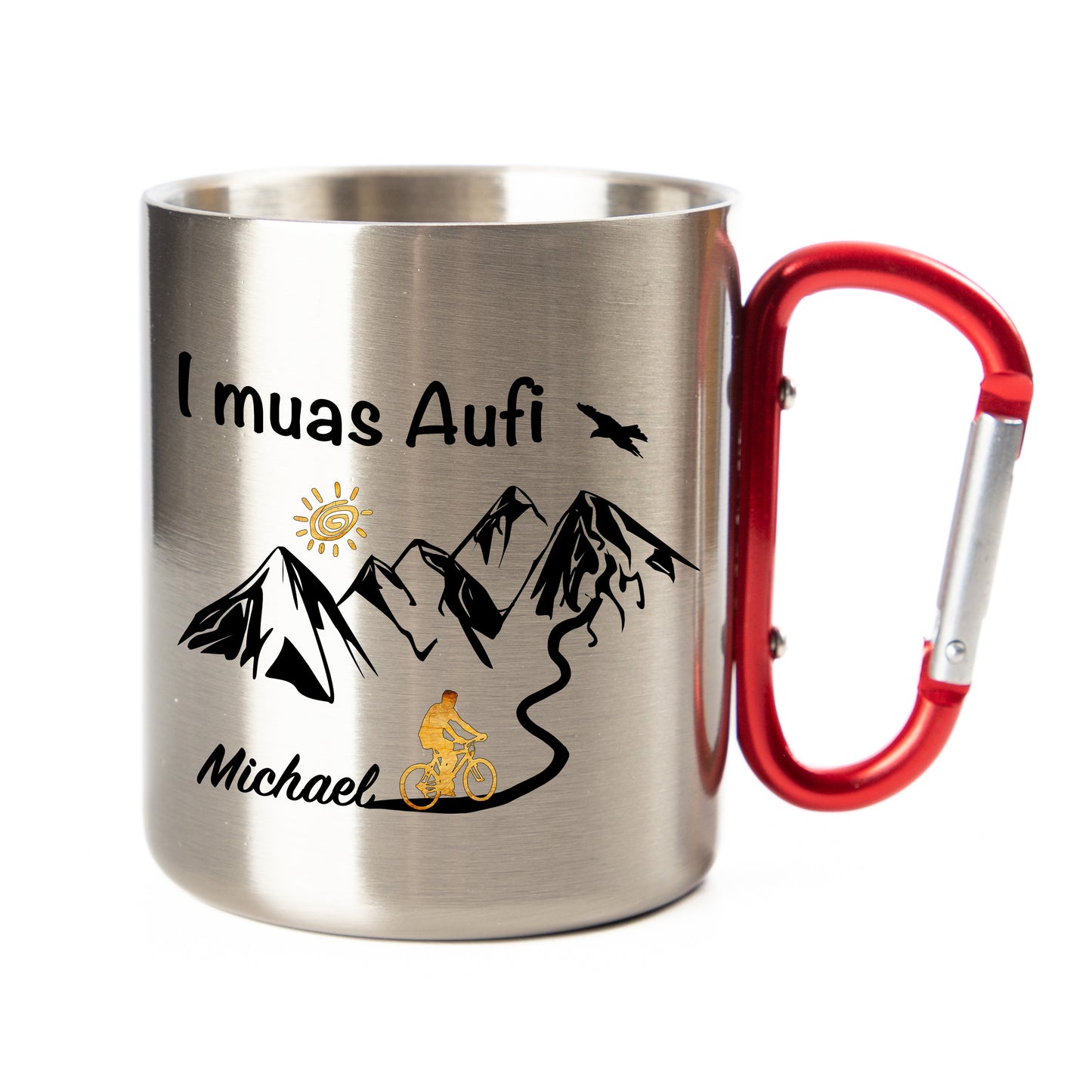 DekoAlm24 Tasse - I muas Aufi - personalisiert - Edelstahl mit Karabiner