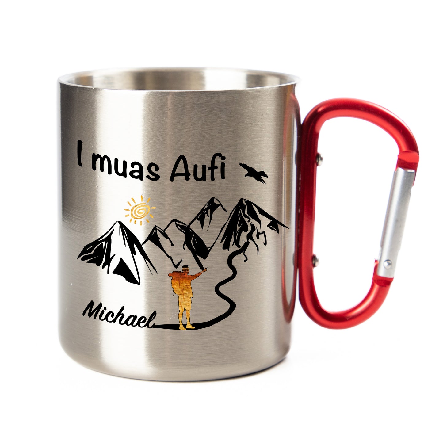 DekoAlm24 Tasse - I muas Aufi - personalisiert - Edelstahl mit Karabiner