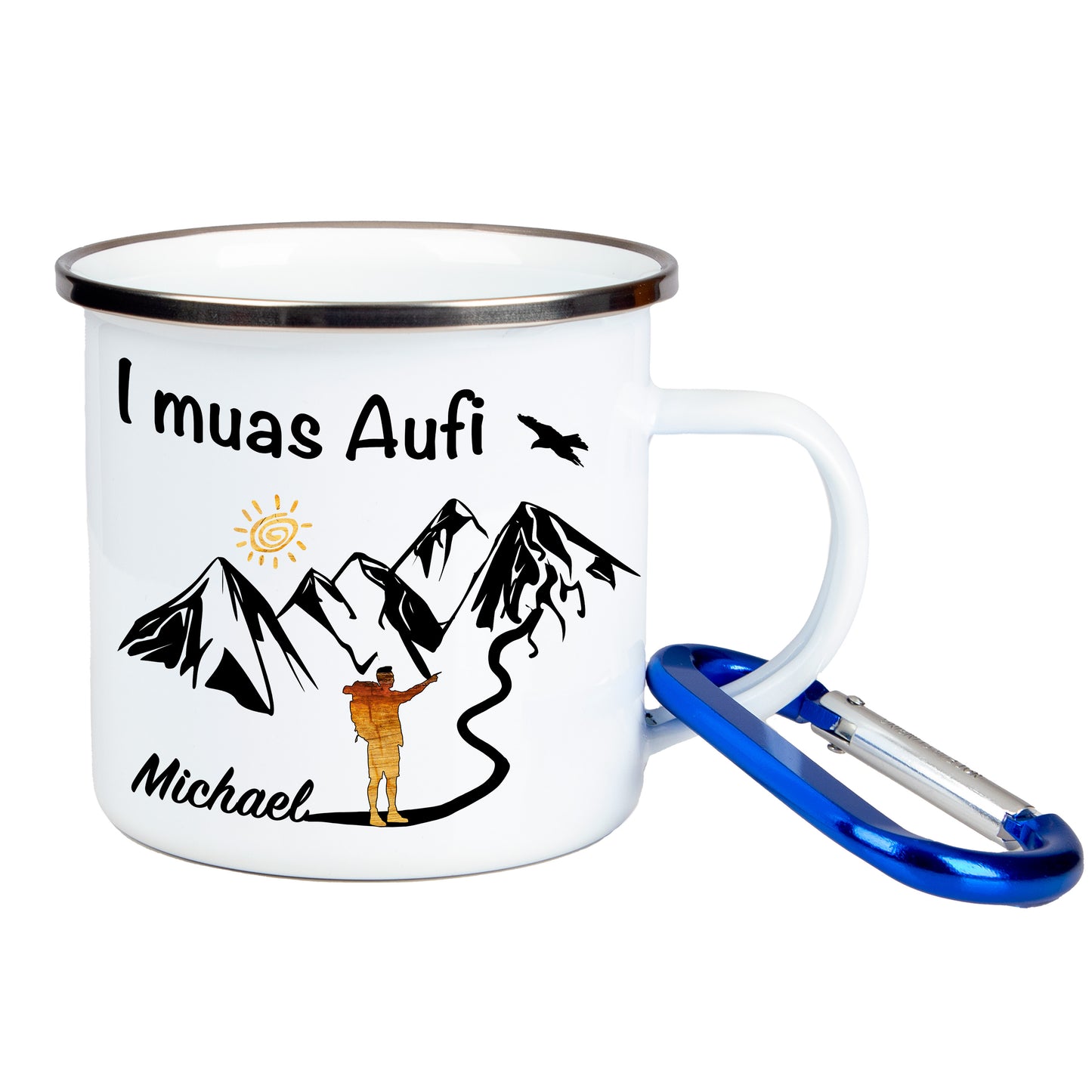 DekoAlm24 Tasse - I muas Aufi - personalisiert - Emaille (Silber)