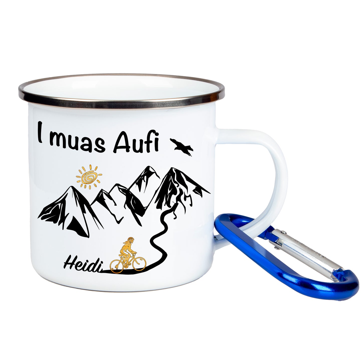 DekoAlm24 Tasse - I muas Aufi - personalisiert - Emaille (Silber)