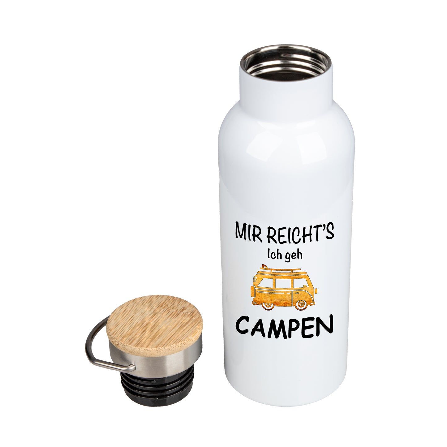 Edelstahl Trinkflasche 500ml mit Bambusdeckel | Mir Reicht's Ich geh CAMPEN