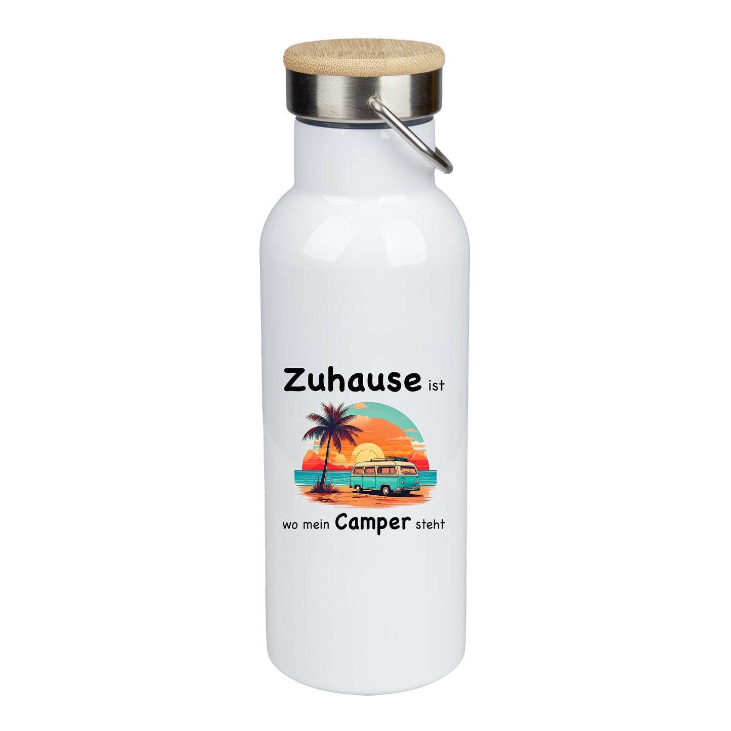 Edelstahl Trinkflasche 500ml mit Bambusdeckel | Zuhause ist wo mein Camper steht