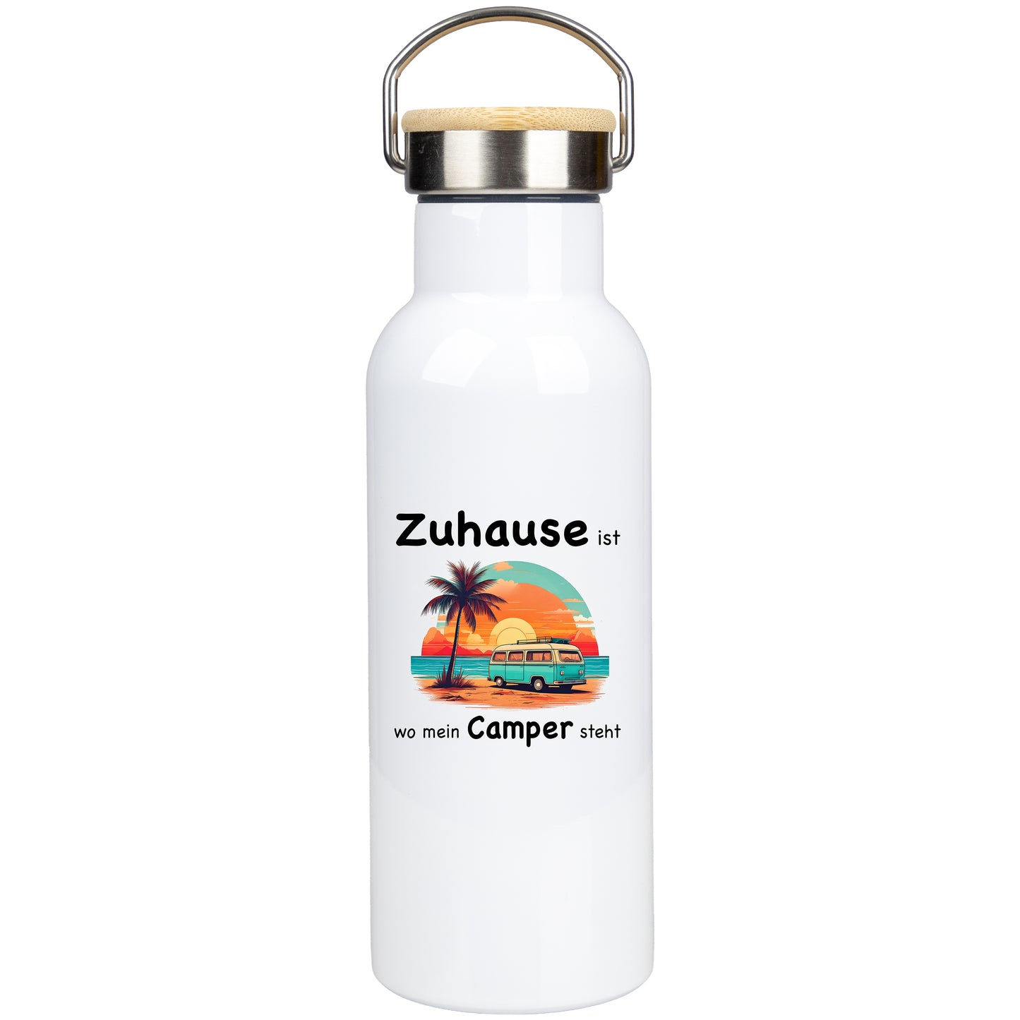 Edelstahl Trinkflasche 500ml mit Bambusdeckel | Zuhause ist wo mein Camper steht