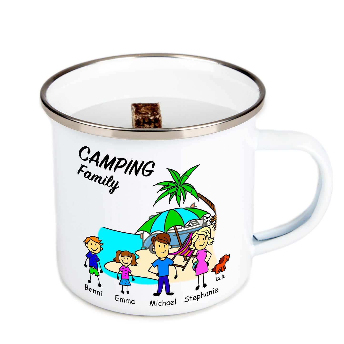 Terrassenfeuer | Schmelzlicht - Camping Family | personalisiert - Emaille - Outdoor-Kerze - DekoAlm24