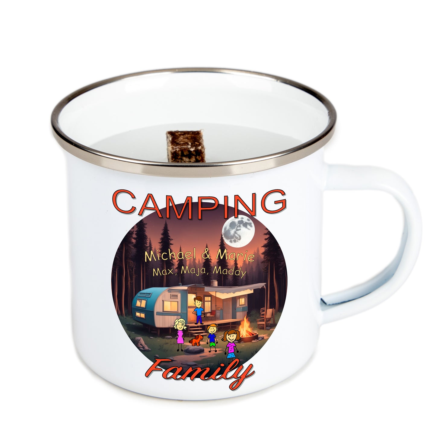 Terrassenfeuer | Schmelzlicht | AlmFeuer - Camping Family | personalisiert - Emaille - Outdoor-Kerze - DekoAlm24