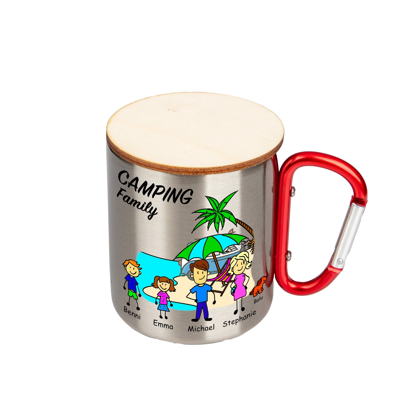 Terrassenfeuer | Schmelzlicht - Camping Family | personalisiert - Edelstahl Thermo Tasse Karabiner - Outdoor-Kerze - DekoAlm24