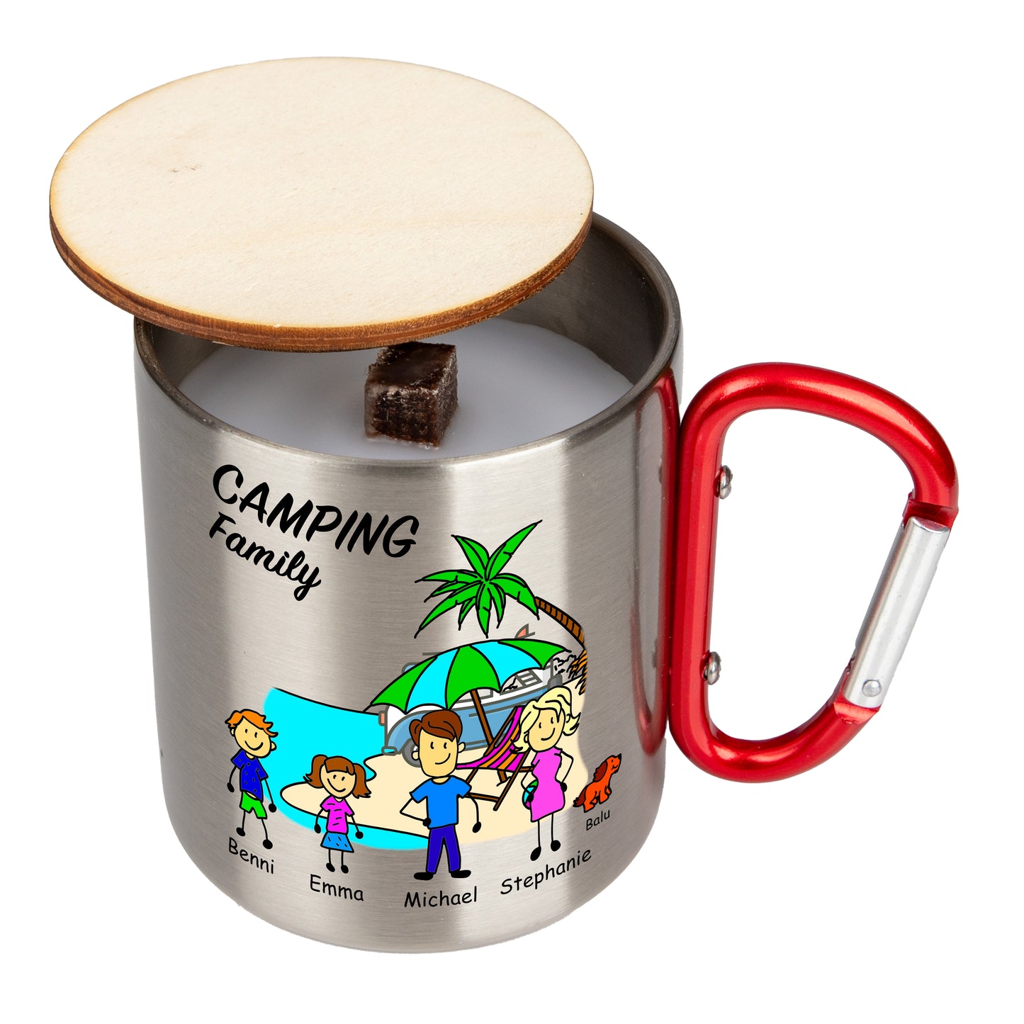 Terrassenfeuer | Schmelzlicht - Camping Family | personalisiert - Edelstahl Thermo Tasse Karabiner - Outdoor-Kerze - DekoAlm24