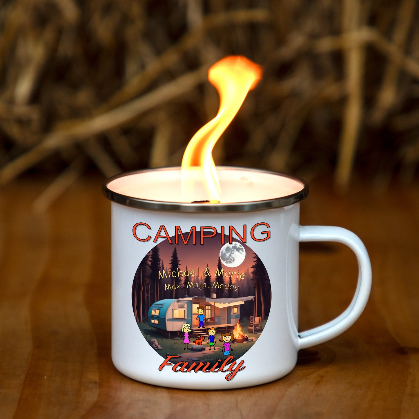 Terrassenfeuer | Schmelzlicht | AlmFeuer - Camping Family | personalisiert - Emaille - Outdoor-Kerze - DekoAlm24