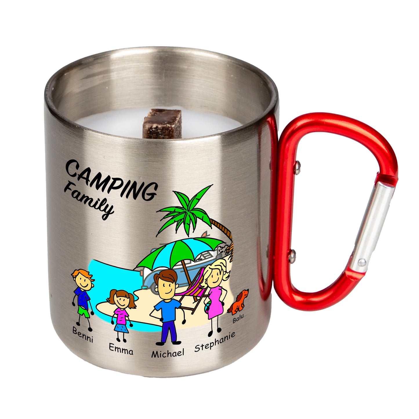 Terrassenfeuer | Schmelzlicht - Camping Family | personalisiert - Edelstahl Thermo Tasse Karabiner - Outdoor-Kerze - DekoAlm24