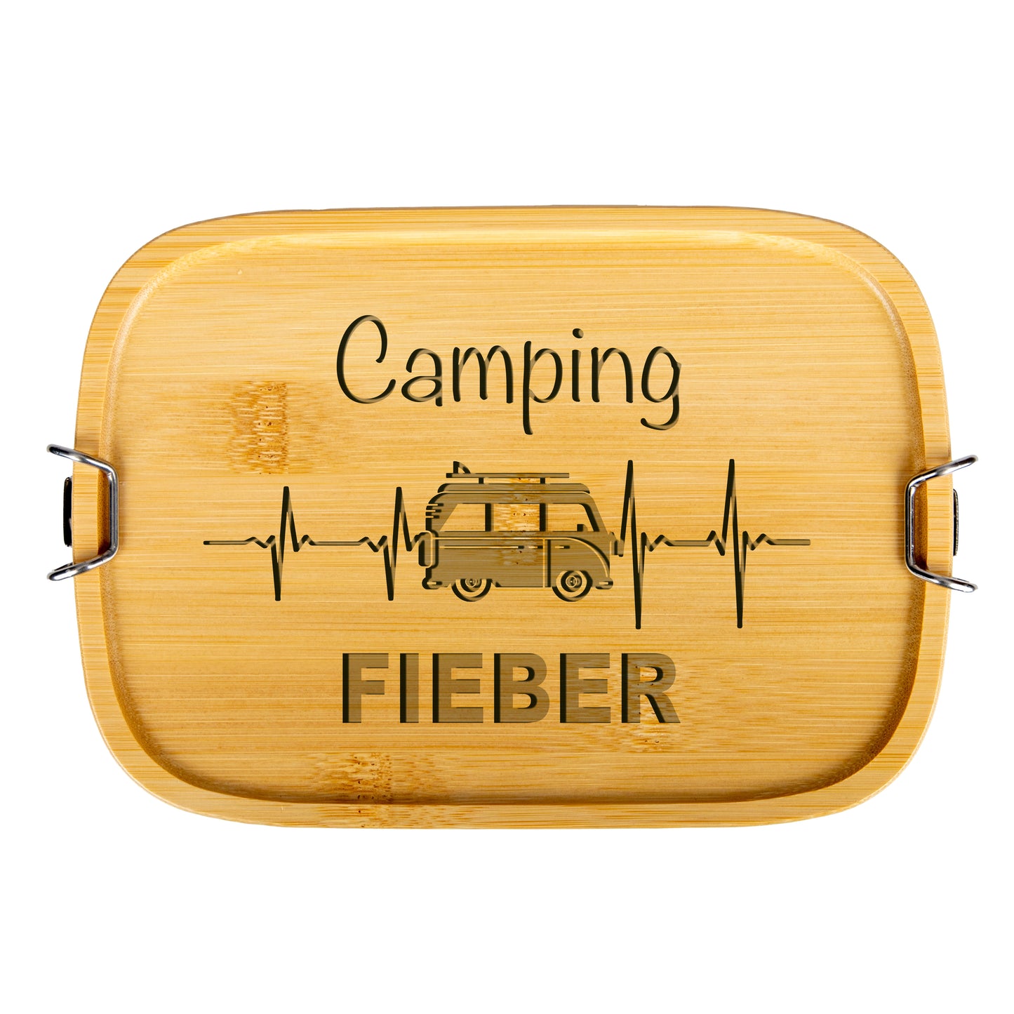 DekoAlm24 Brotdose | Lunchbox | Edelstahl mit Bambusdeckel - Camping Fieber