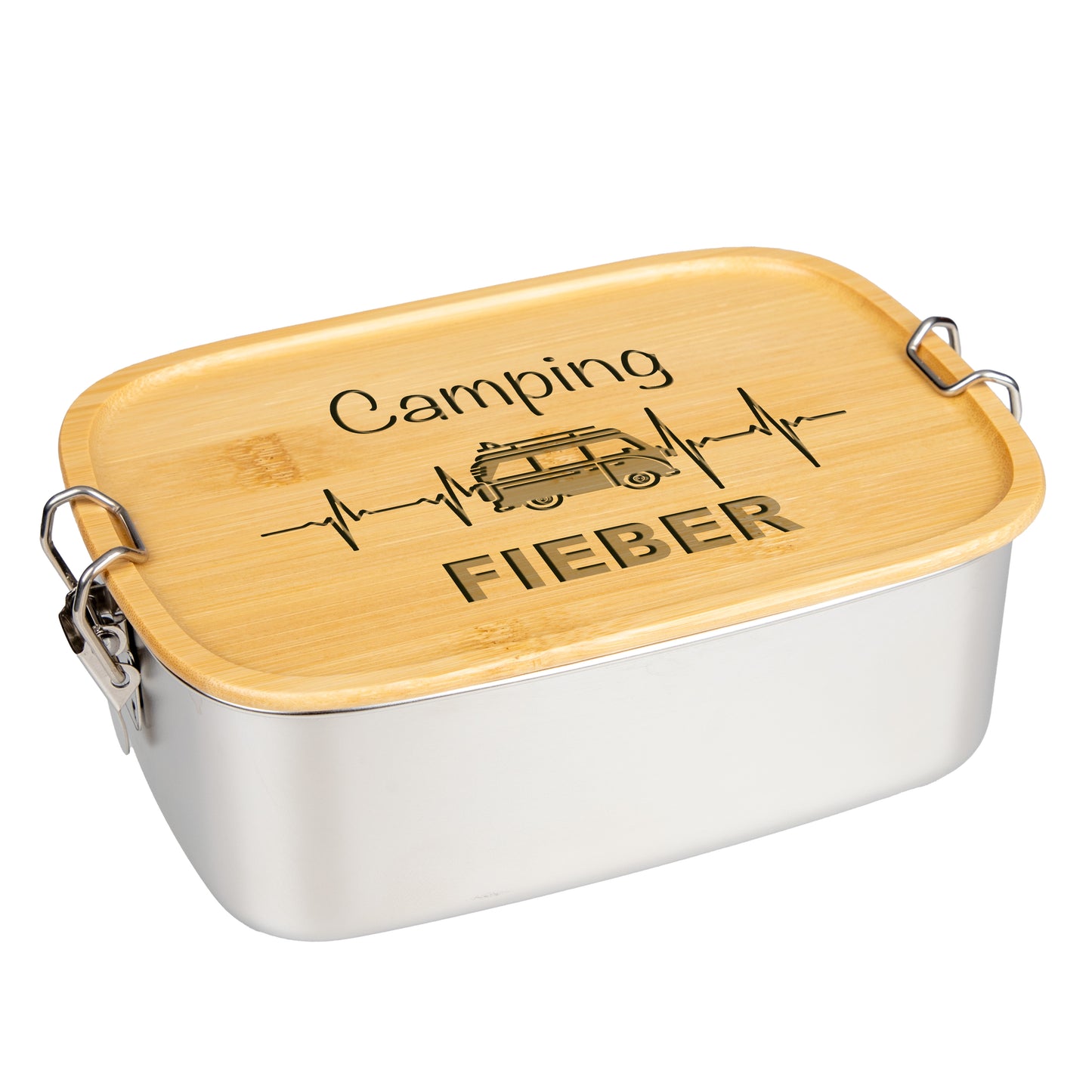 DekoAlm24 Brotdose | Lunchbox | Edelstahl mit Bambusdeckel - Camping Fieber