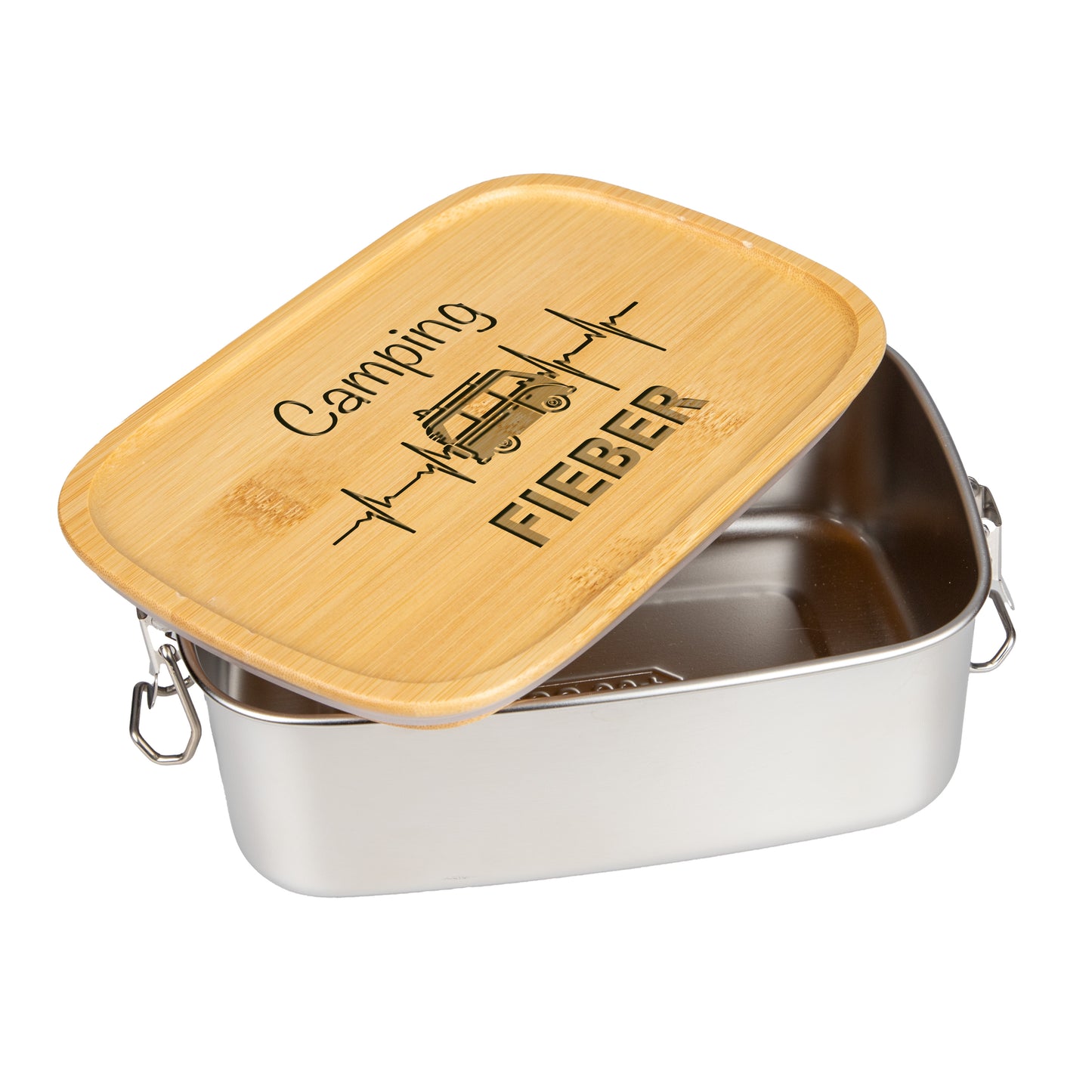 DekoAlm24 Brotdose | Lunchbox | Edelstahl mit Bambusdeckel - Camping Fieber