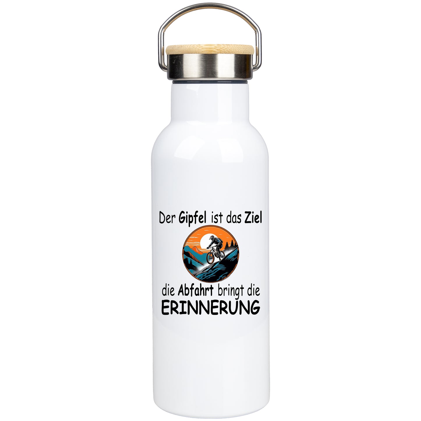 Edelstahl Trinkflasche 500ml mit Bambusdeckel | Der Gipfel ist das Ziel - die Abfahrt bringt die Erinnerung
