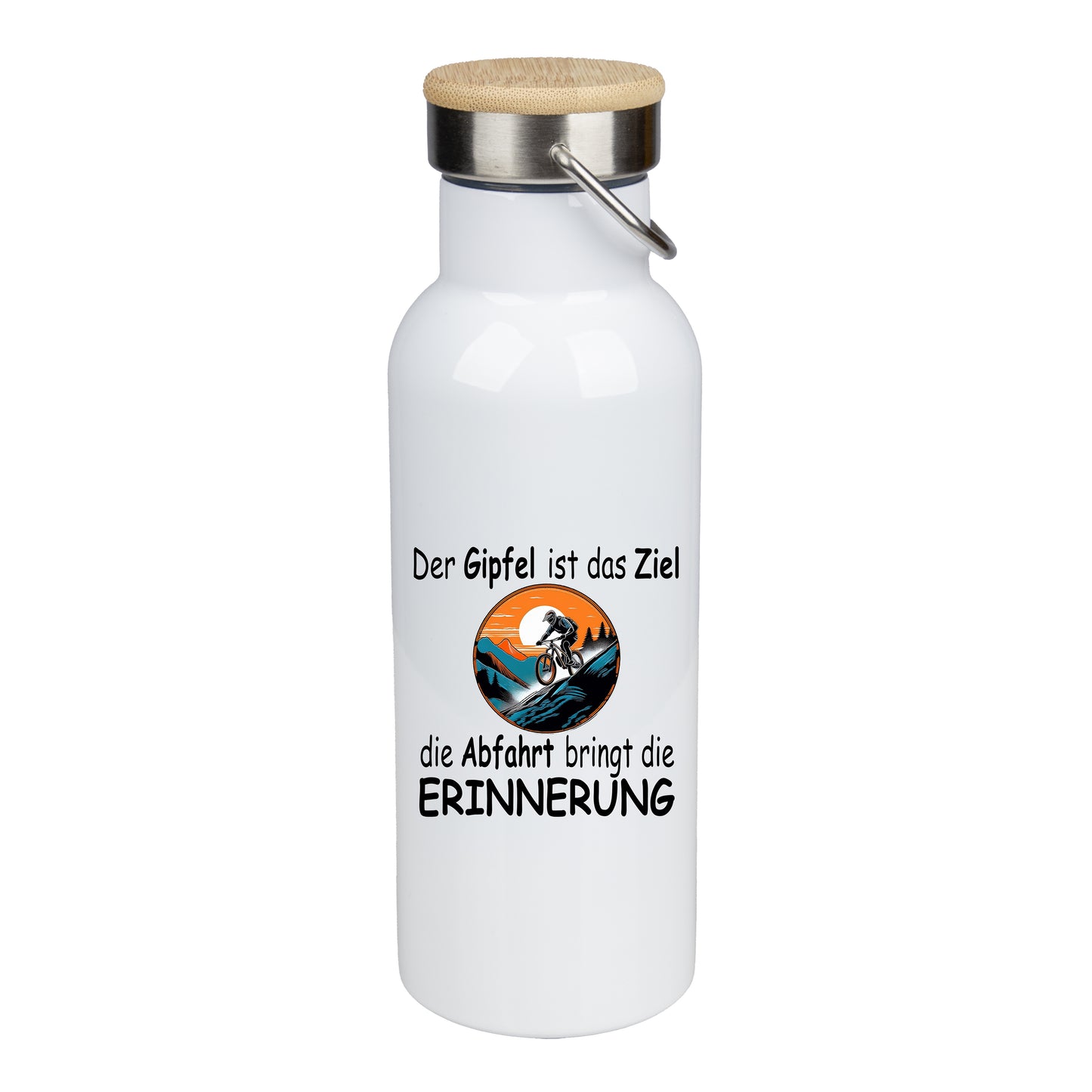 Edelstahl Trinkflasche 500ml mit Bambusdeckel | Der Gipfel ist das Ziel - die Abfahrt bringt die Erinnerung