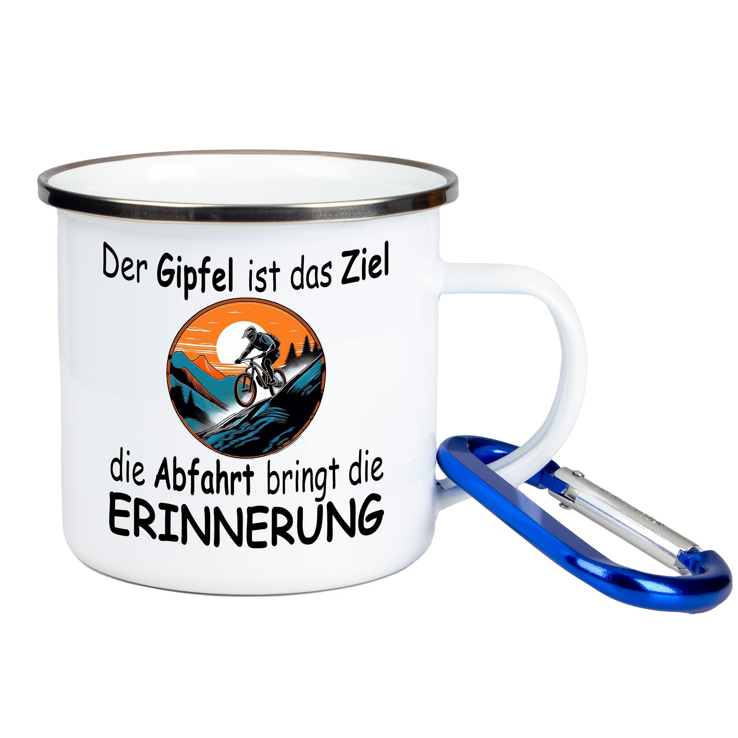 DekoAlm24 Tasse - Der Gipfel ist das Ziel, die Abfahrt bringt die Erinnerung - Emaille (Silber)