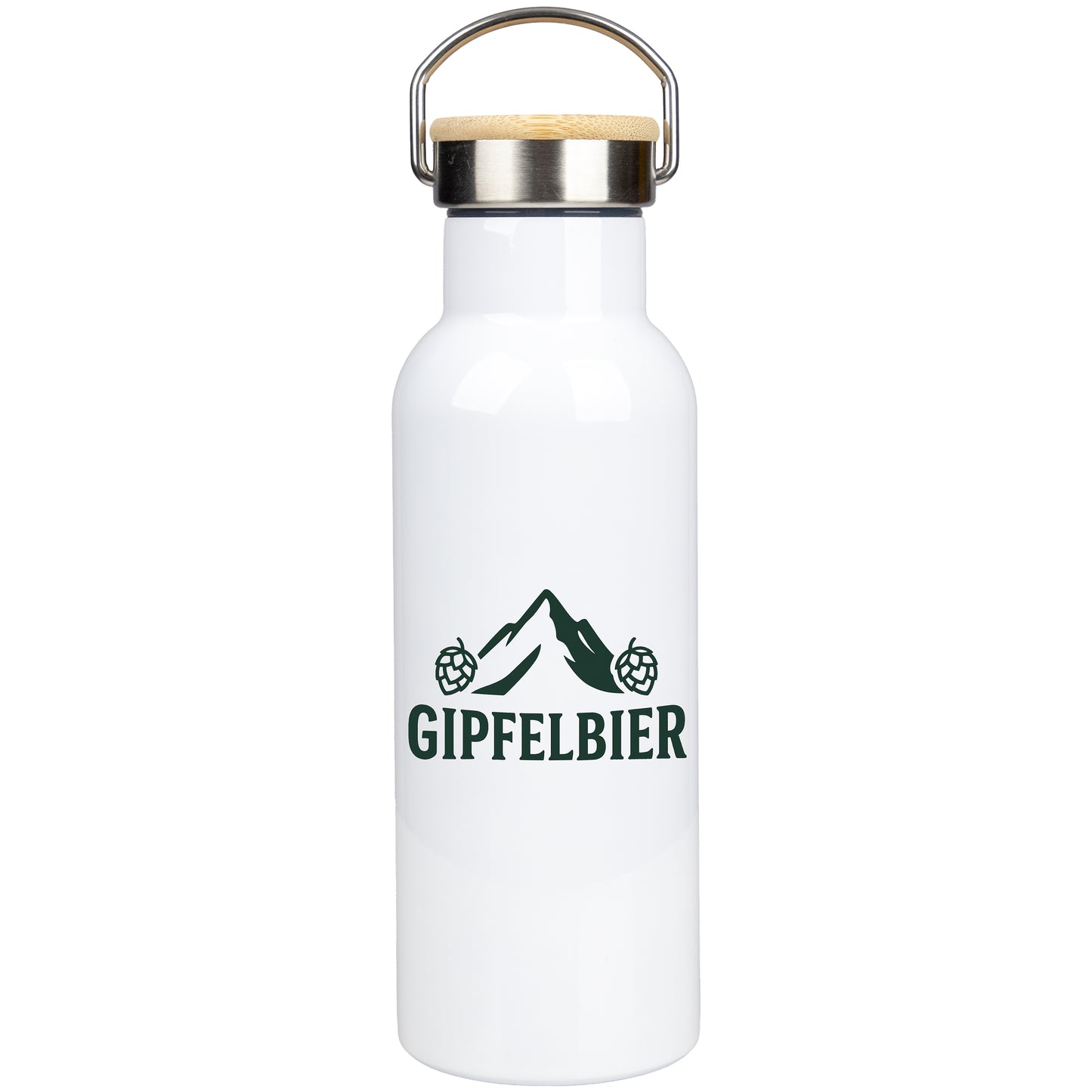 Edelstahl Thermoflasche „Gipfelbier“ – 500 ml | Isolierflasche mit Bambusdeckel