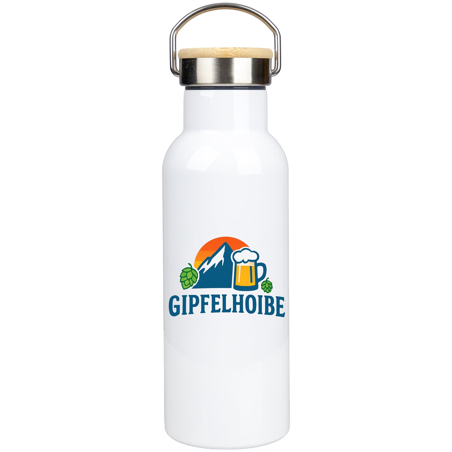 Edelstahl Thermoflasche „Gipfelhoibe“ – 500 ml | Isolierflasche mit Bambusdeckel