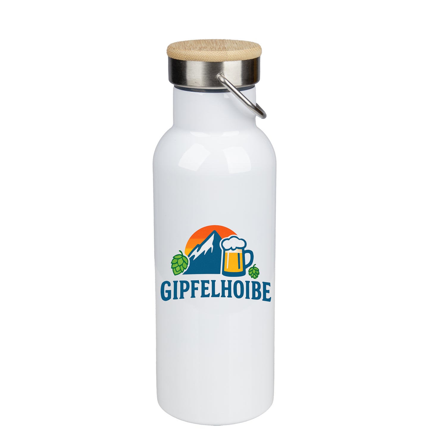 Edelstahl Thermoflasche „Gipfelhoibe“ – 500 ml | Isolierflasche mit Bambusdeckel