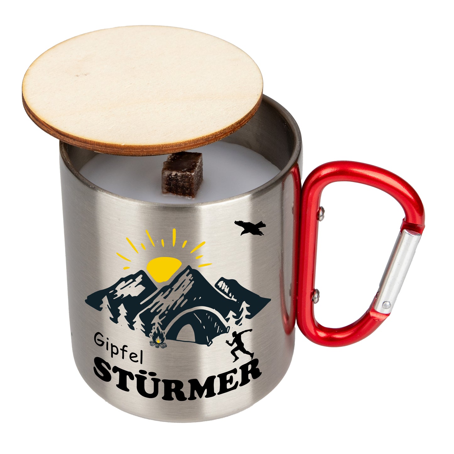 DekoAlm24 Outdoor-Kerze Schmelzlicht - Almfeuer - Thermo-Tasse Edelstahl mit Karabiner