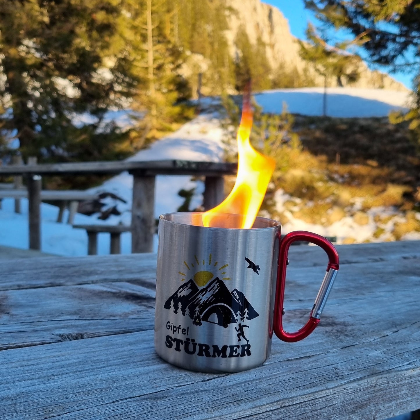 DekoAlm24 Outdoor-Kerze Schmelzlicht - Almfeuer - Thermo-Tasse Edelstahl mit Karabiner