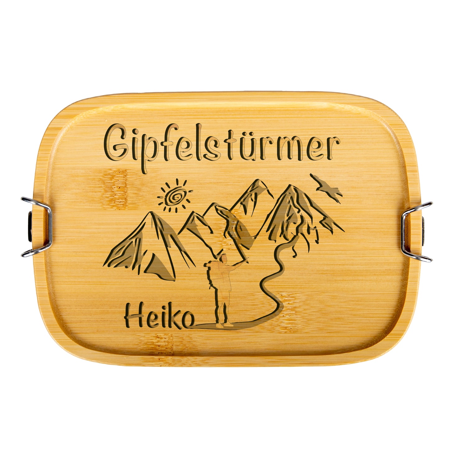 DekoAlm24 Brotdose | Lunchbox | Edelstahl mit Bambusdeckel | personalisiert - Gipfelstürmer