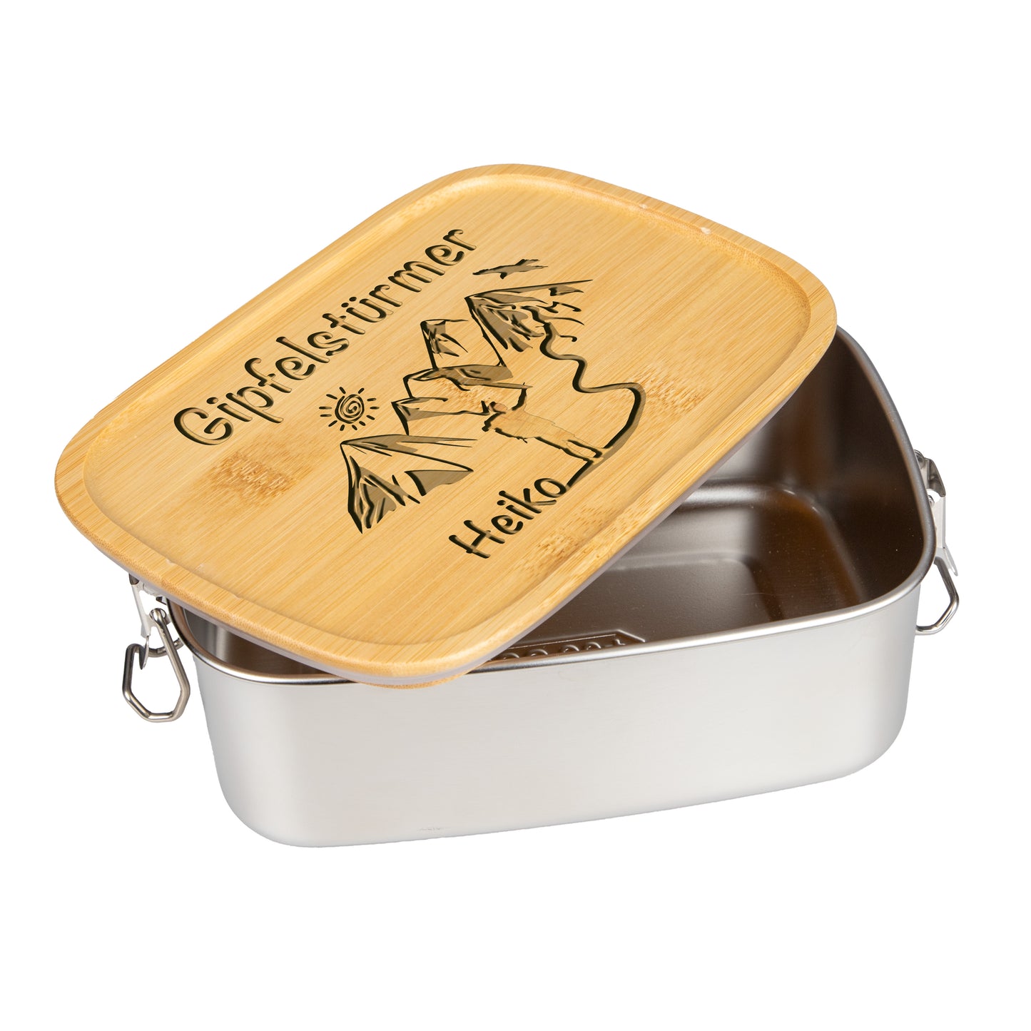 DekoAlm24 Brotdose | Lunchbox | Edelstahl mit Bambusdeckel | personalisiert - Gipfelstürmer