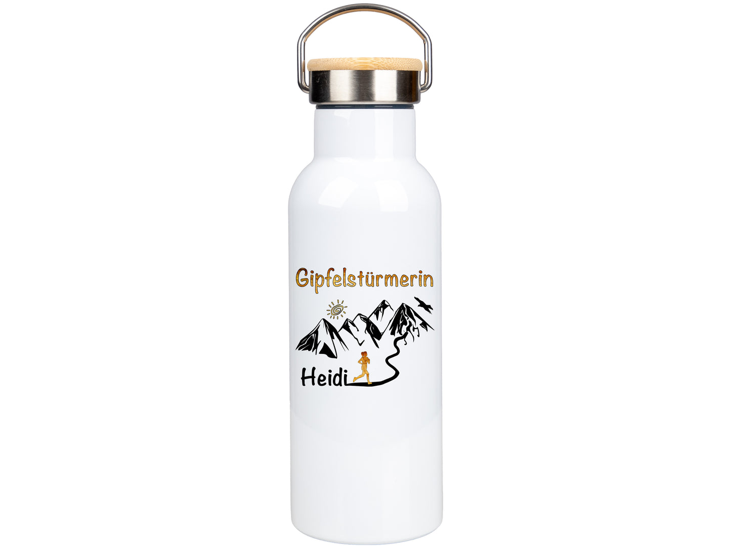 Edelstahl Trinkflasche 500ml mit Bambusdeckel | Gipfelstürmerin | personalisiert