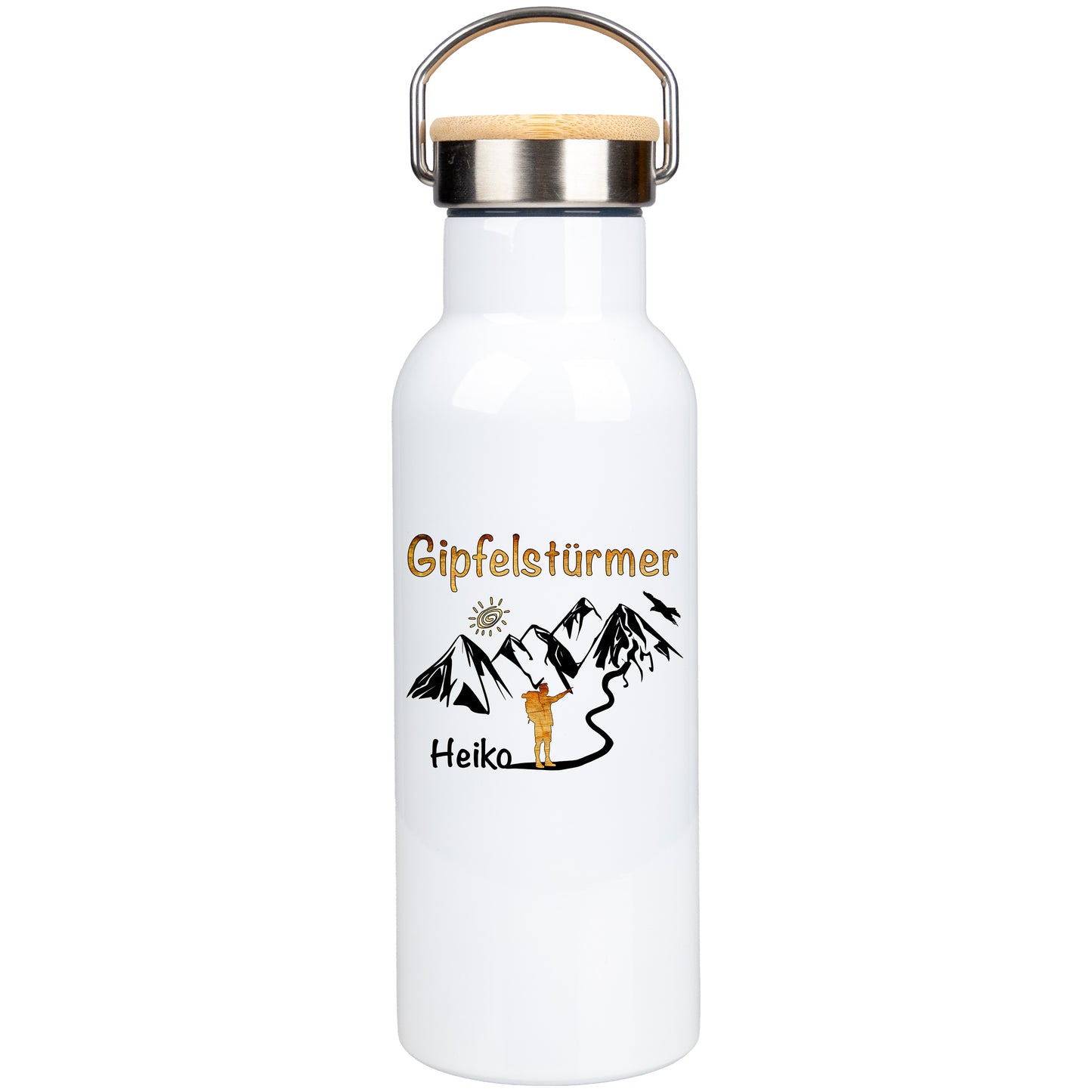 Edelstahl Trinkflasche 500ml mit Bambusdeckel | Gipfelstürmer | personalisiert