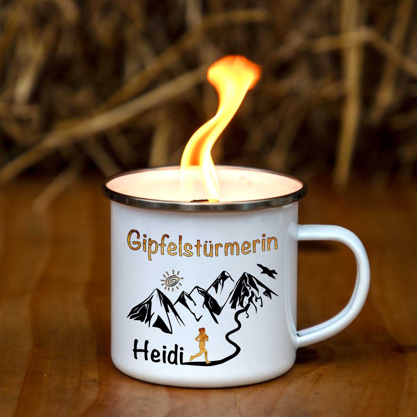 AlmFeuer | Schmelzfeuer | Gipfelstürmerin personalisiert - Emaille - Outdoor-Kerze