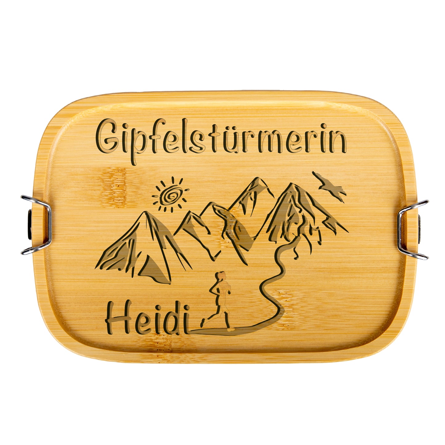 DekoAlm24 Brotdose | Lunchbox | Edelstahl mit Bambusdeckel | personalisiert - Gipfelstürmerin