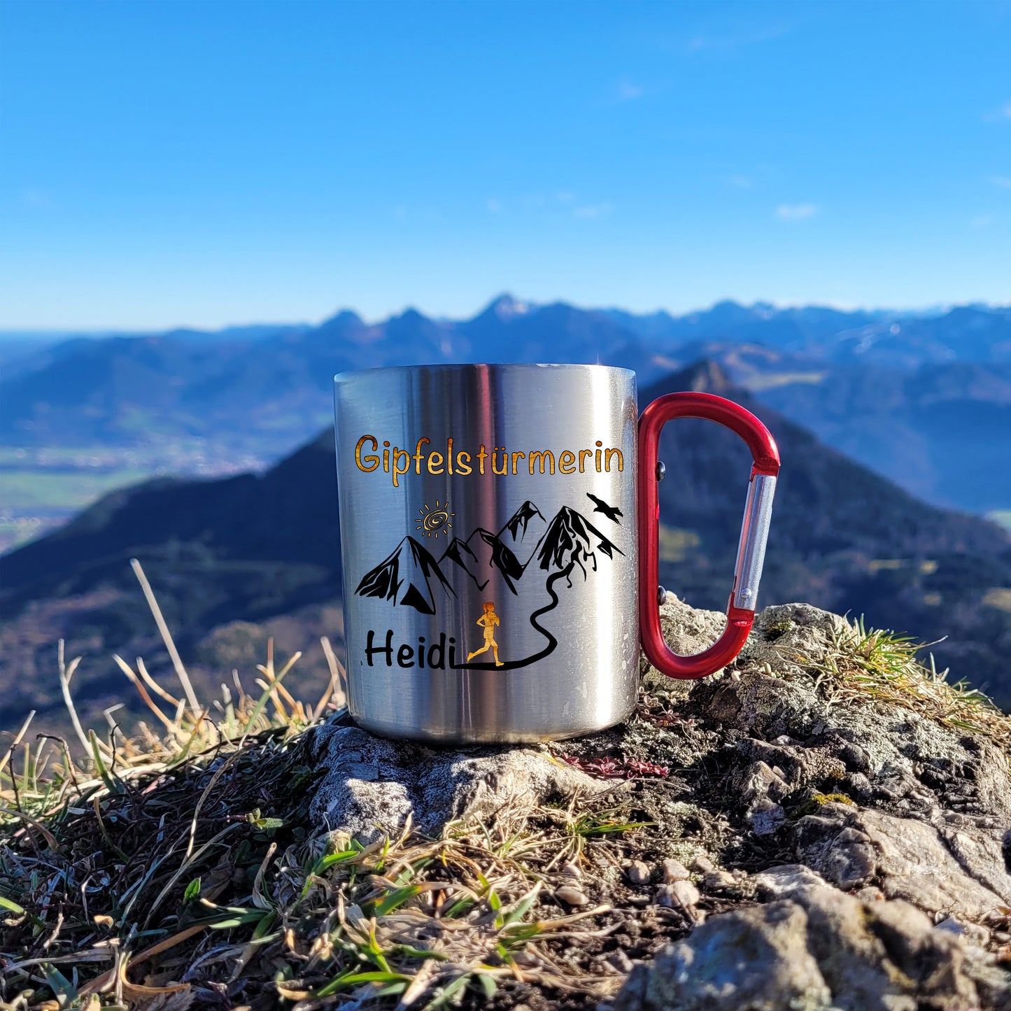 Tasse | Thermo-Becher mit Karabiner - Gipfelstürmerin - personalisiert