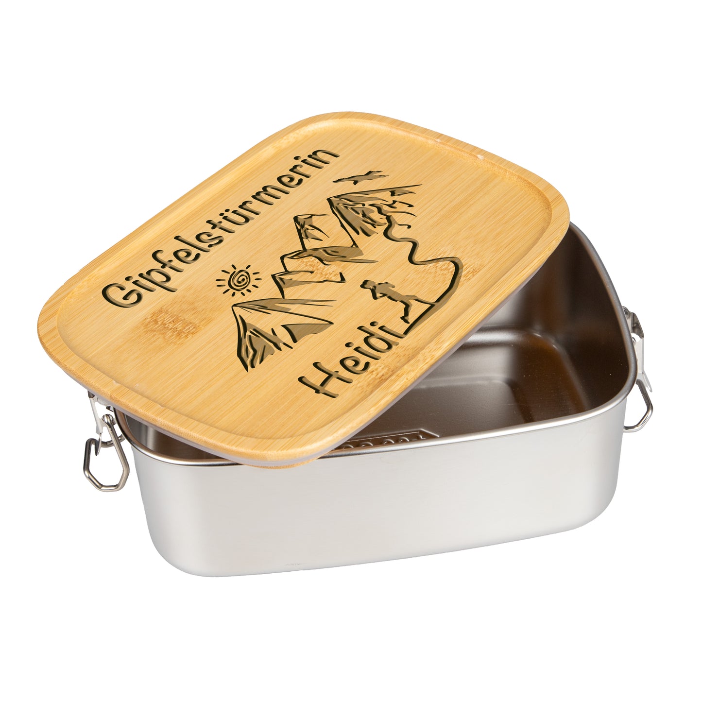 DekoAlm24 Brotdose | Lunchbox | Edelstahl mit Bambusdeckel | personalisiert - Gipfelstürmerin