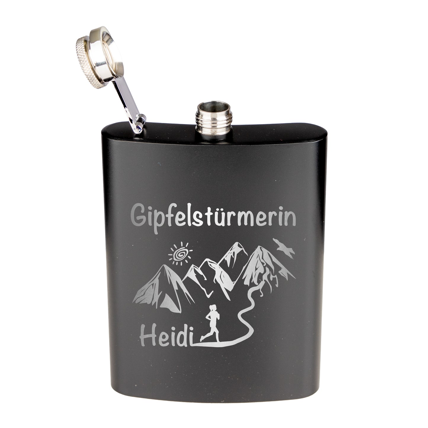 Flachmann Edelstahl - Gipfelstürmerin - personalisiert / graviert / schwarz