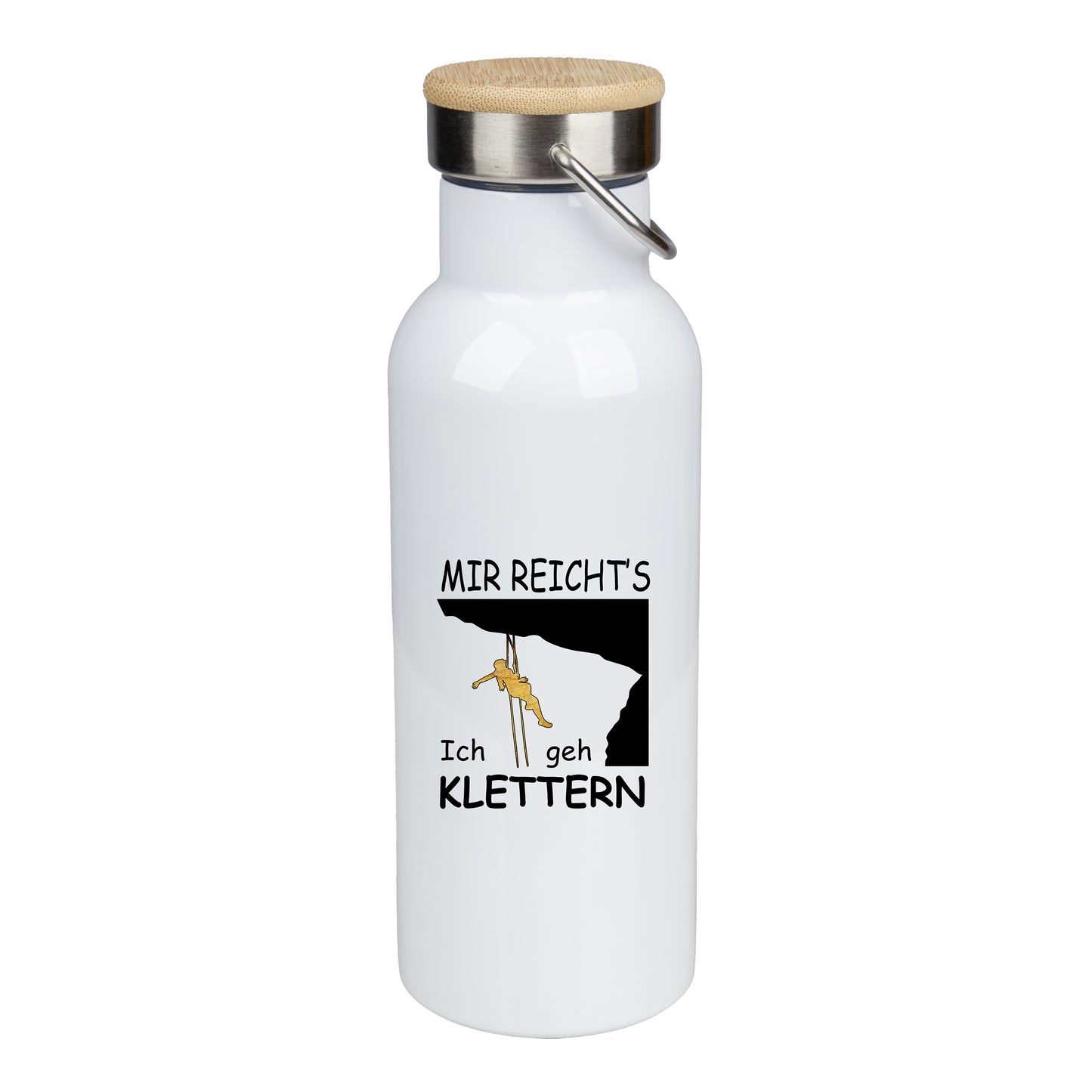 Edelstahl Trinkflasche 500ml mit Bambusdeckel | Mir Reicht's Ich geh Klettern - personalisierbar