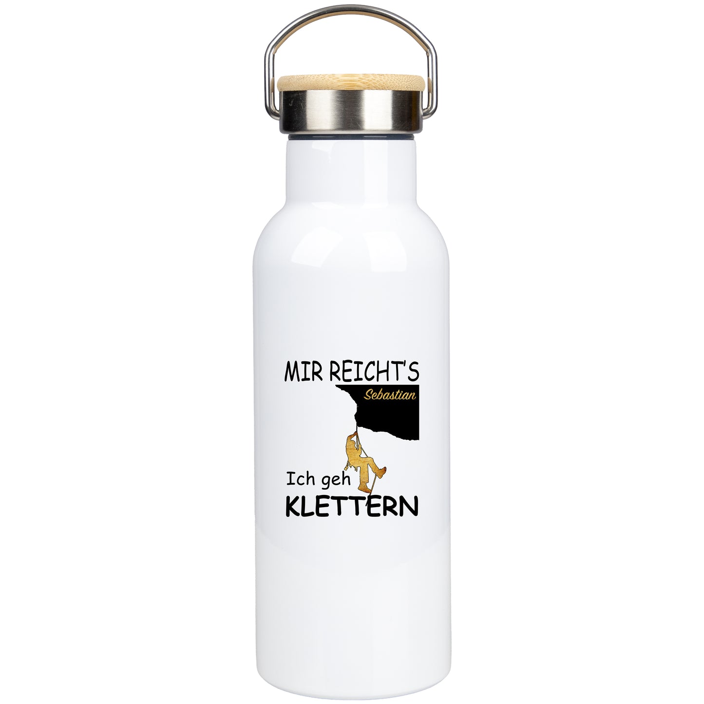Edelstahl Trinkflasche 500ml mit Bambusdeckel | Mir Reicht's Ich geh Klettern - personalisierbar