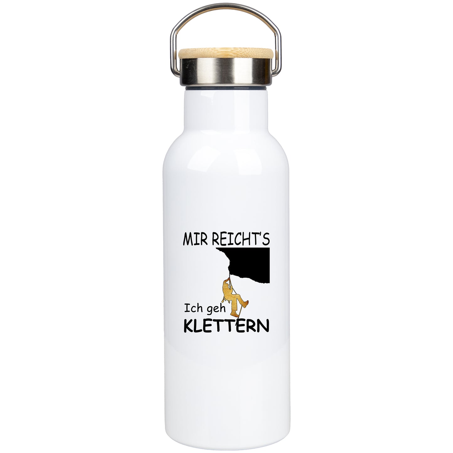 Edelstahl Trinkflasche 500ml mit Bambusdeckel | Mir Reicht's Ich geh Klettern - personalisierbar