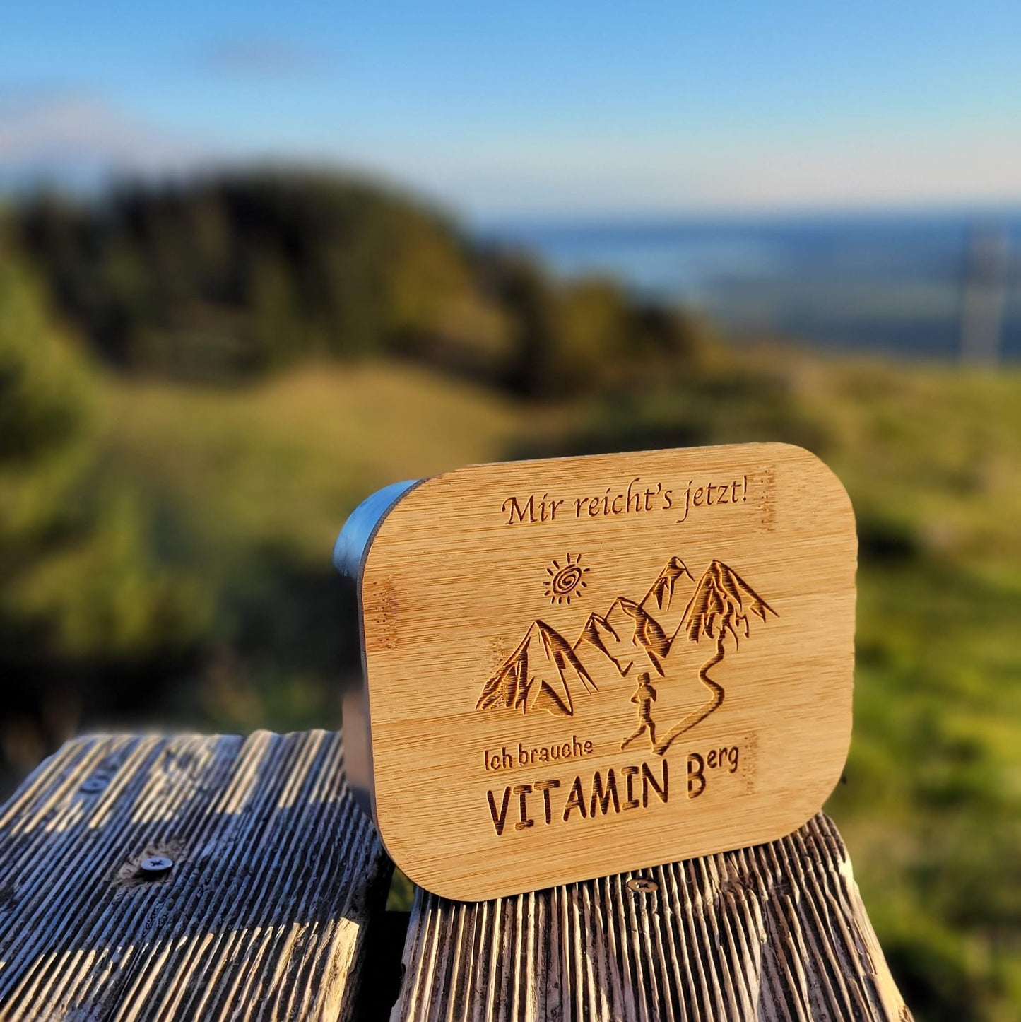 DekoAlm24 Lunchbox / Brotdose - Gipfelstürmerin - aus Edelstahl mit Bambusdeckel & Spannband -personalisiert
