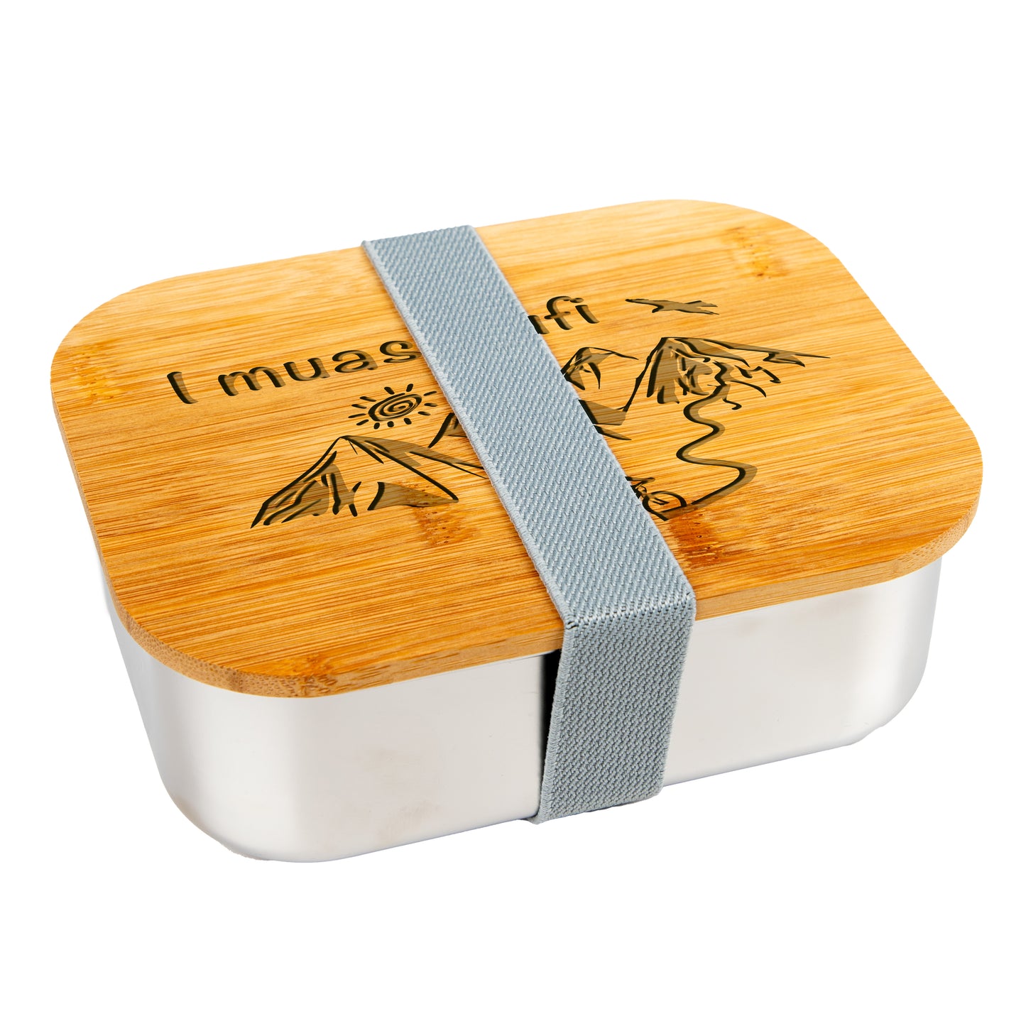 DekoAlm24 Lunchbox - I muas Aufi - MTB - aus Edelstahl mit Bambusdeckel & Spannband