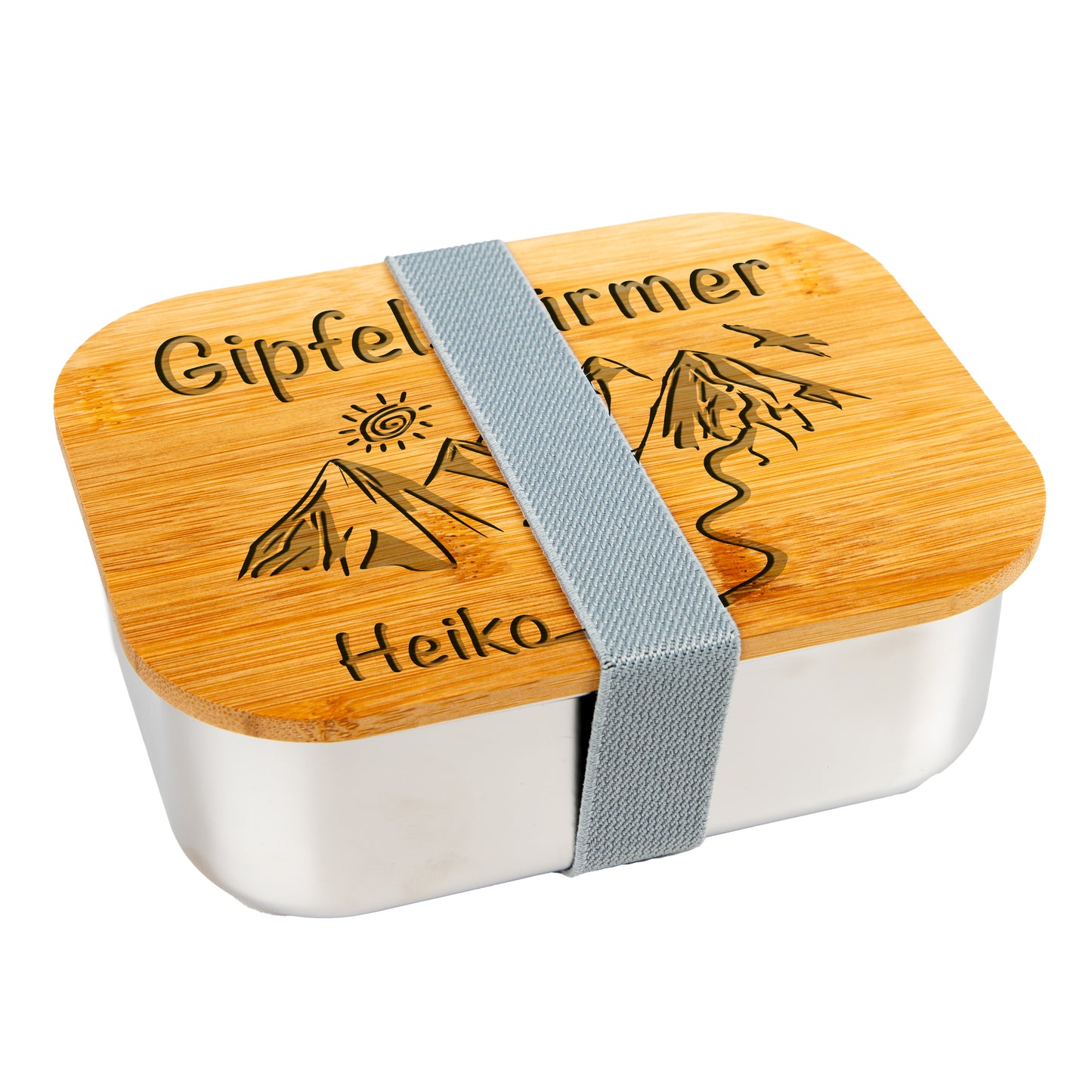 DekoAlm24 Lunchbox / Brotdose - Gipfelstürmer - aus Edelstahl mit Bambusdeckel & Spannband -personalisiert