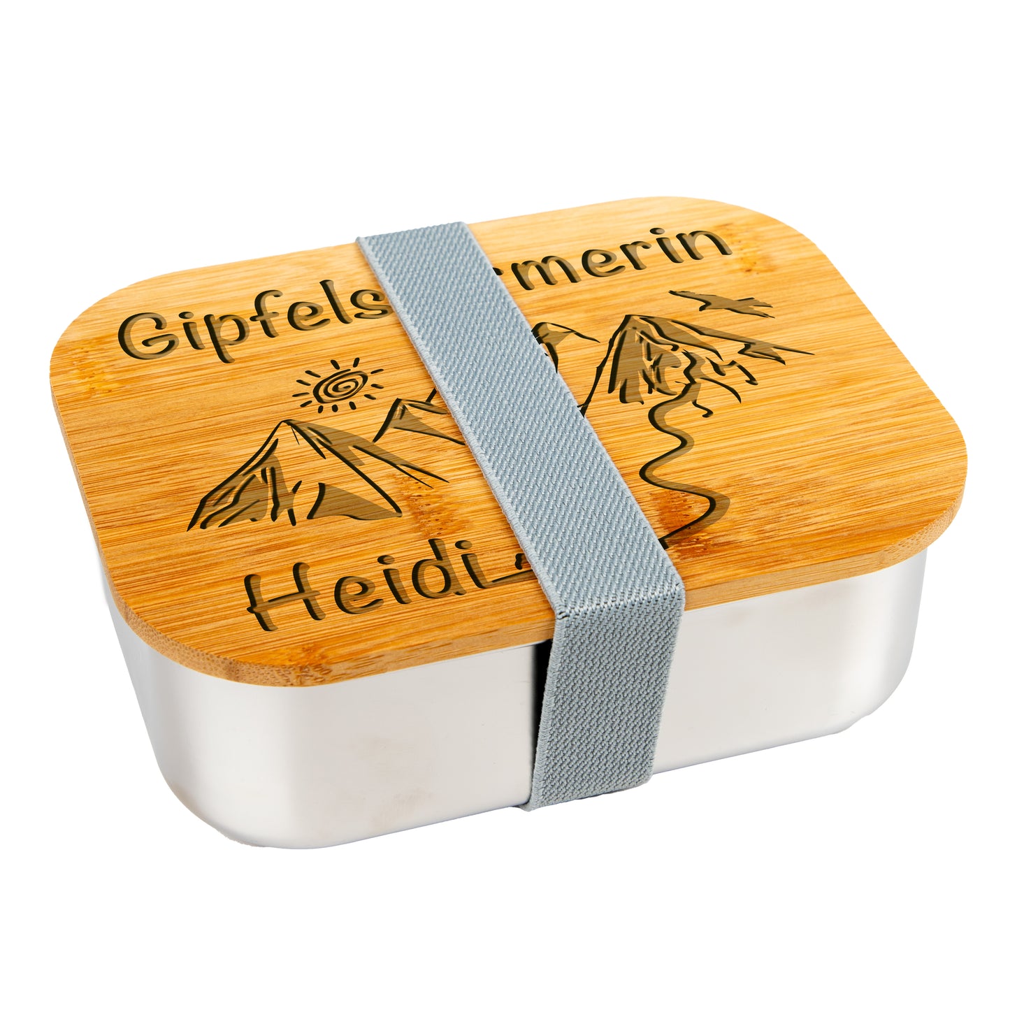 DekoAlm24 Lunchbox / Brotdose - Gipfelstürmerin - aus Edelstahl mit Bambusdeckel & Spannband -personalisiert