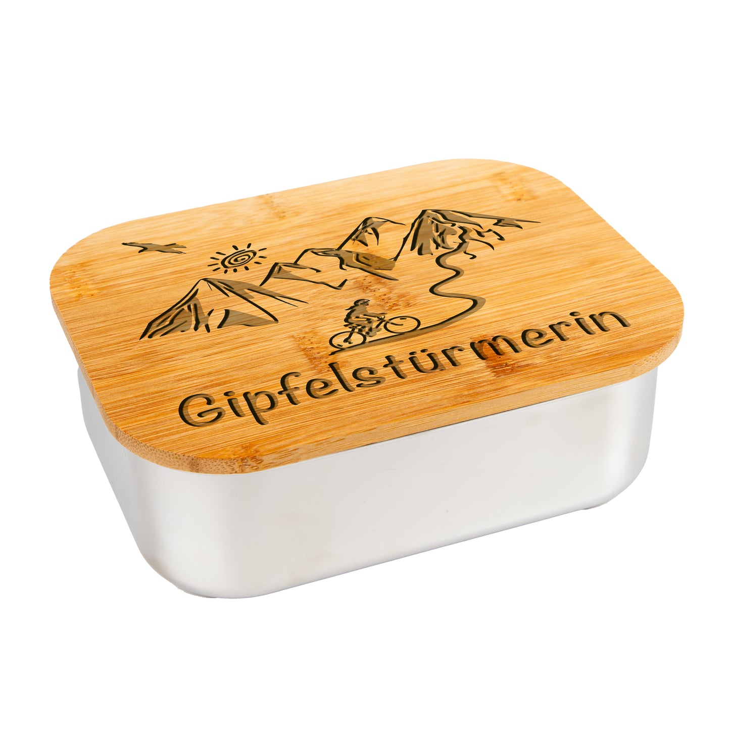DekoAlm24 Lunchbox - Gipfelstürmerin - MTB - aus Edelstahl mit Bambusdeckel & Spannband