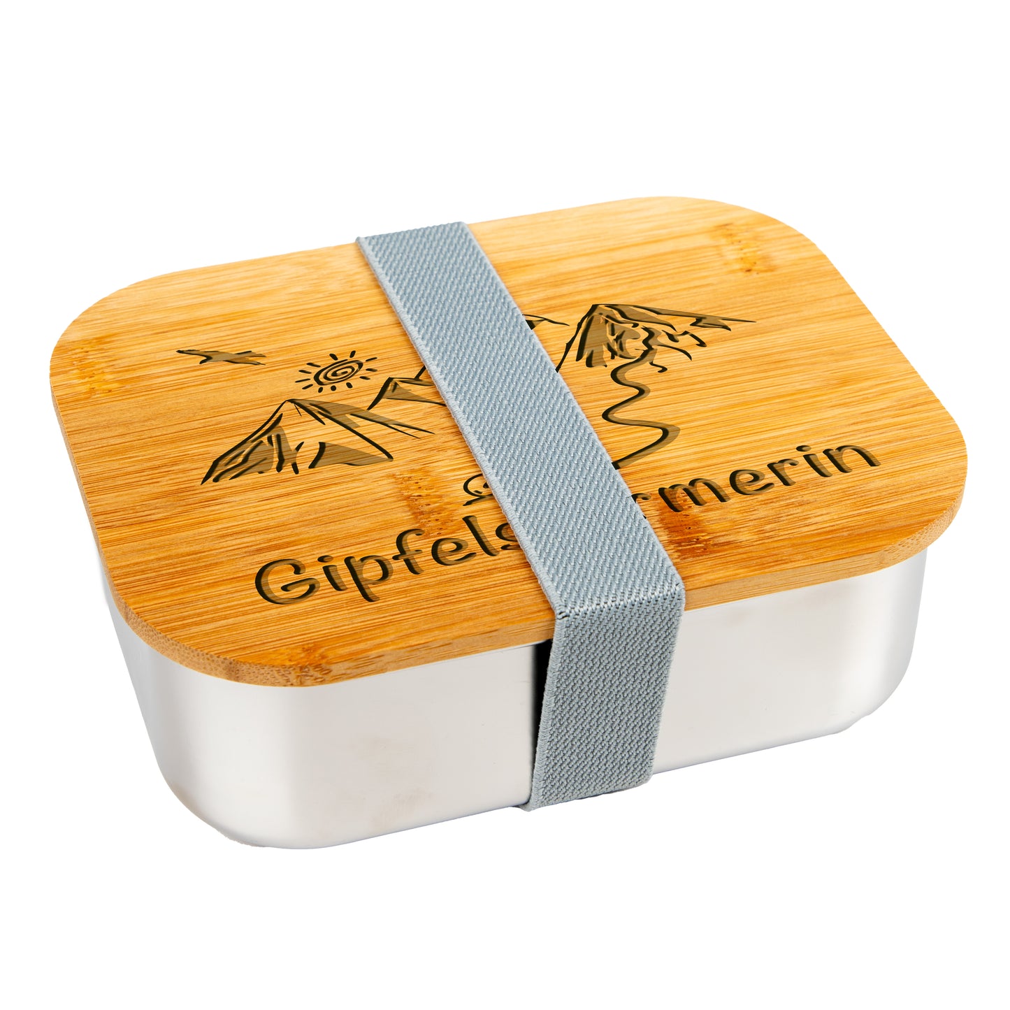 DekoAlm24 Lunchbox - Gipfelstürmerin - MTB - aus Edelstahl mit Bambusdeckel & Spannband