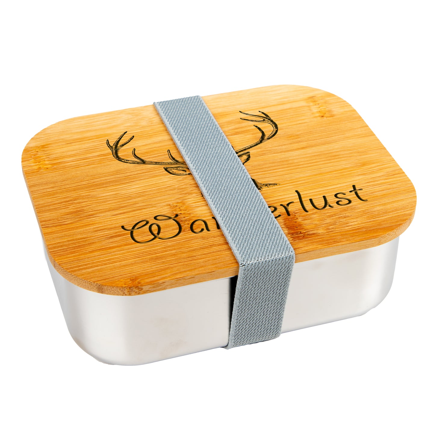 DekoAlm24 Lunchbox - Wanderlust - aus Edelstahl mit Bambusdeckel & Spannband
