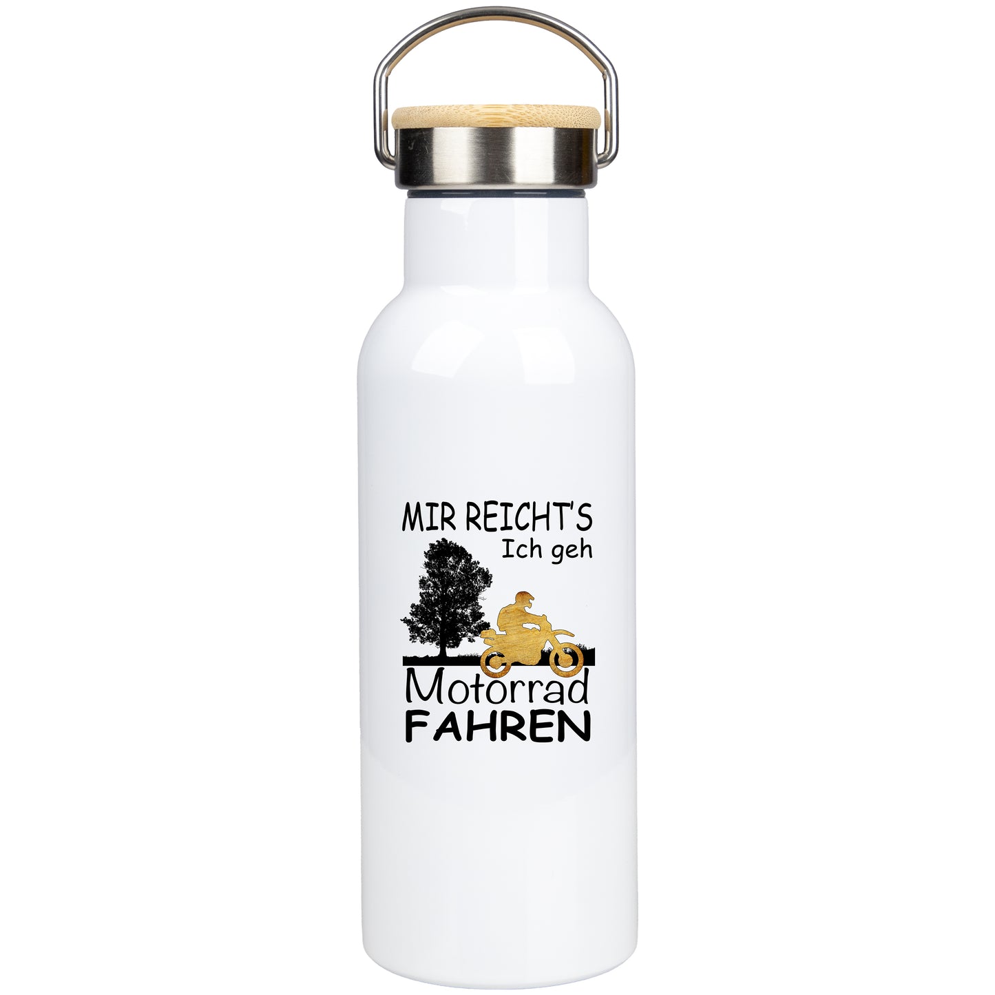 Edelstahl Trinkflasche 500ml mit Bambusdeckel | Mir Reicht's Ich geh Motorradfahren