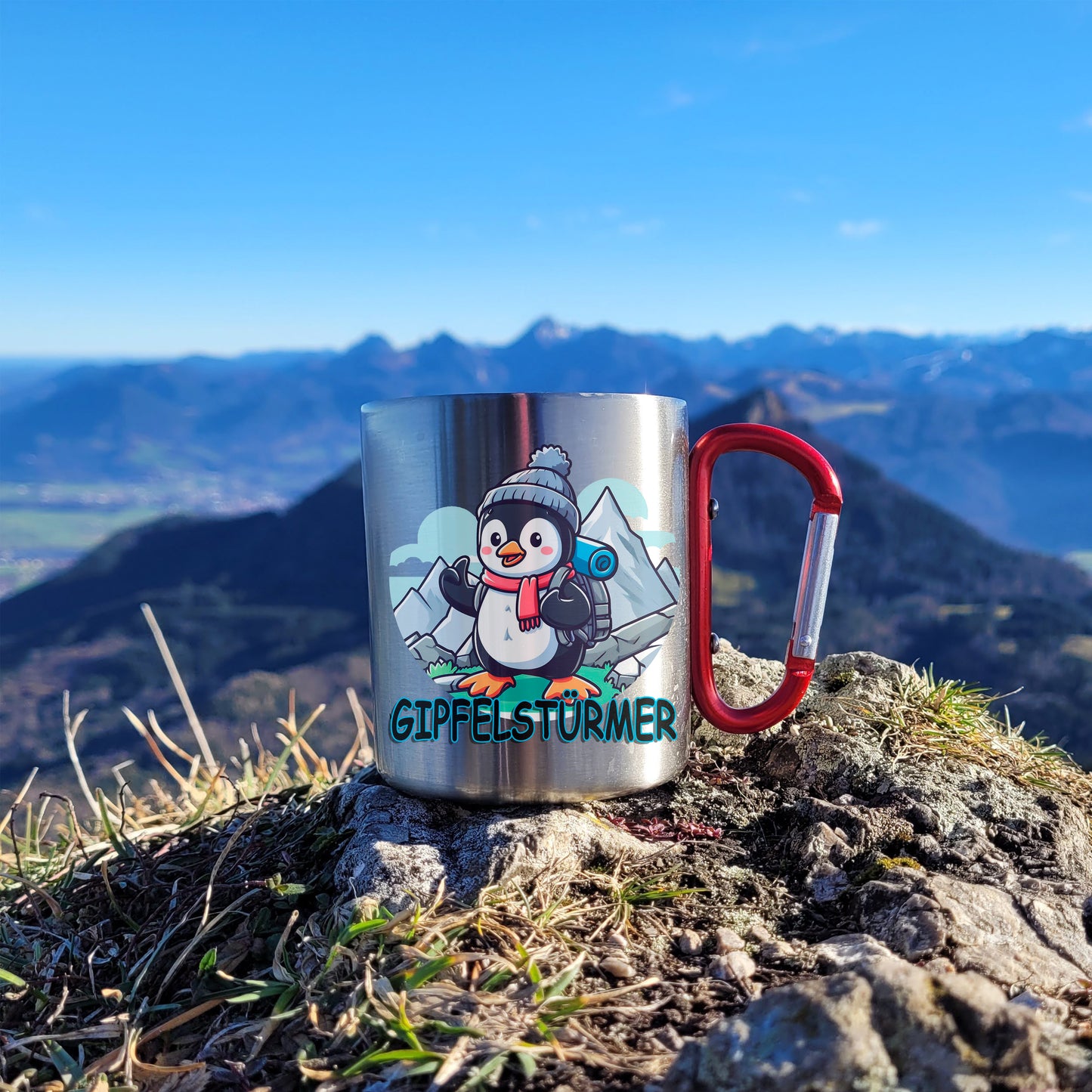 DekoAlm24 Tasse - Pingi Gipfelstürmer - Edelstahl mit Karabiner