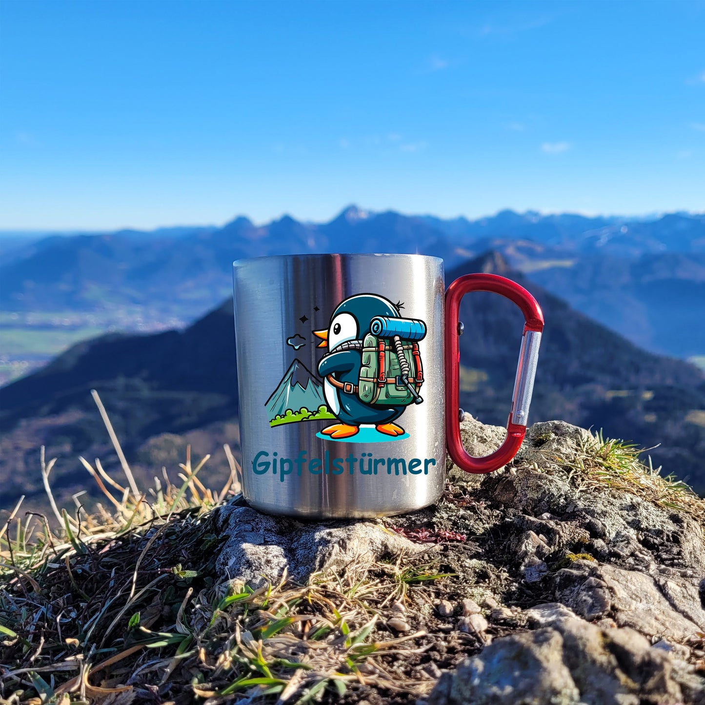 DekoAlm24 Tasse - Pingi Gipfelstürmer - Edelstahl mit Karabiner