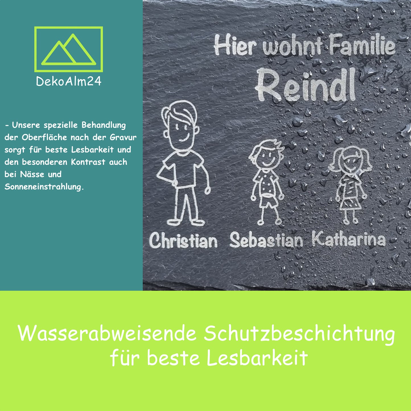 Türschild / Familien-Schild mit Abstandhalter | Schiefer-Natur-Stein | personalisiert | Strichmännchen | Comic Stil